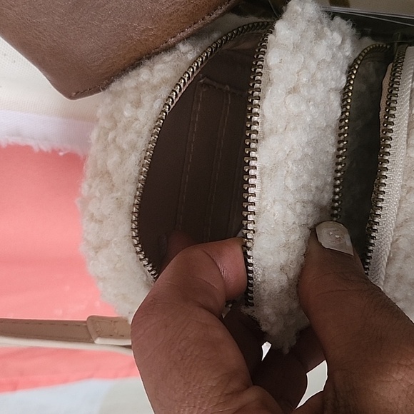 Brown Crossbody Bag with Cream Sherpa Pouch And Bom Bom Keychain Set Of 3 - Picture 14 of 17